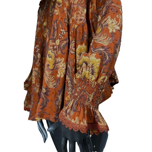 Spell & Gypsy Collective Rust Brown Blouse Top Floral Ruffle Longsleeve Medium - Picture 4 of 7